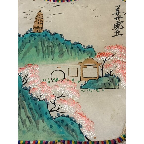 Handpainted Vintage Asian Folding Fan W/ Scenic Landscape Design & Bamboo Handle - Picture 2 of 3